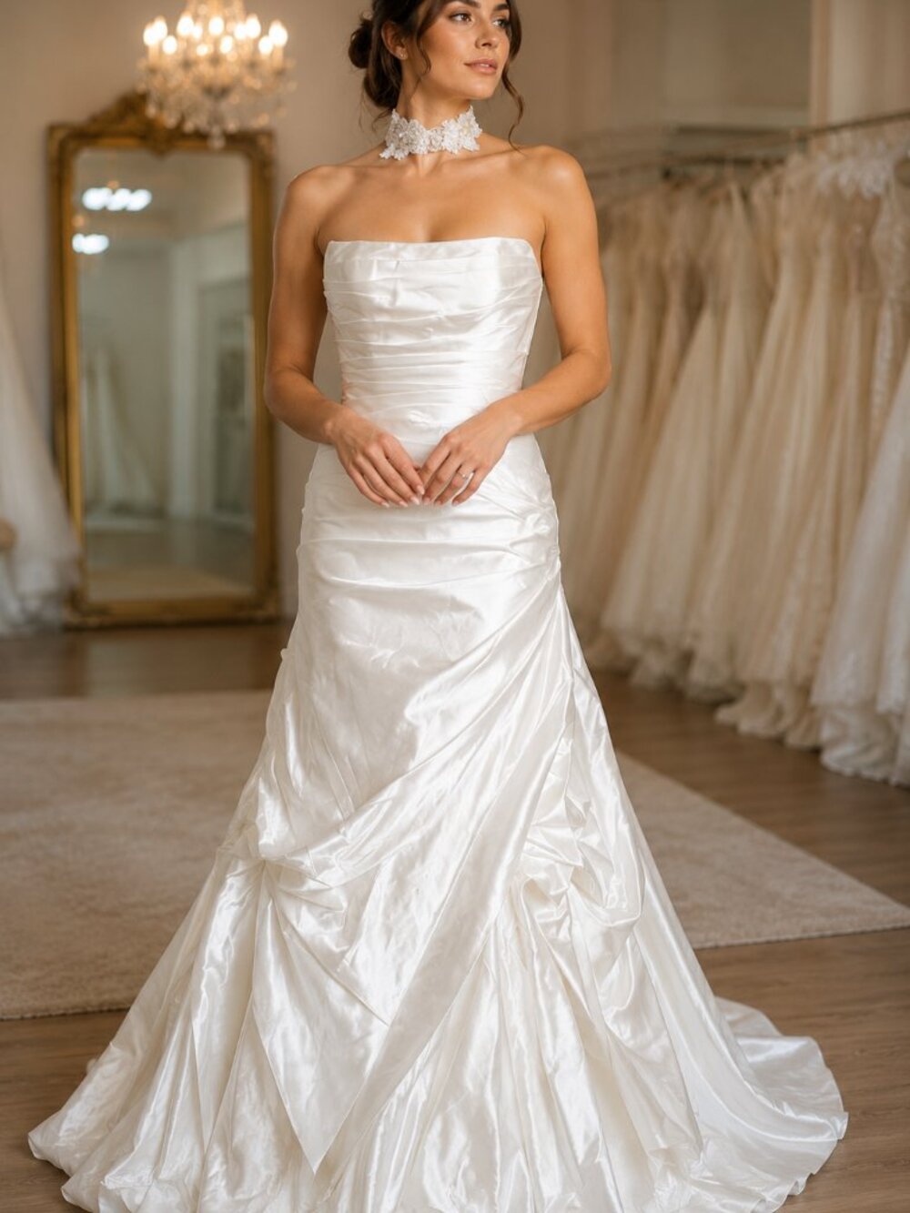 DaVinci Bridal Wedding Dress Size 2 NWT Ivory Satin Ruched Gown